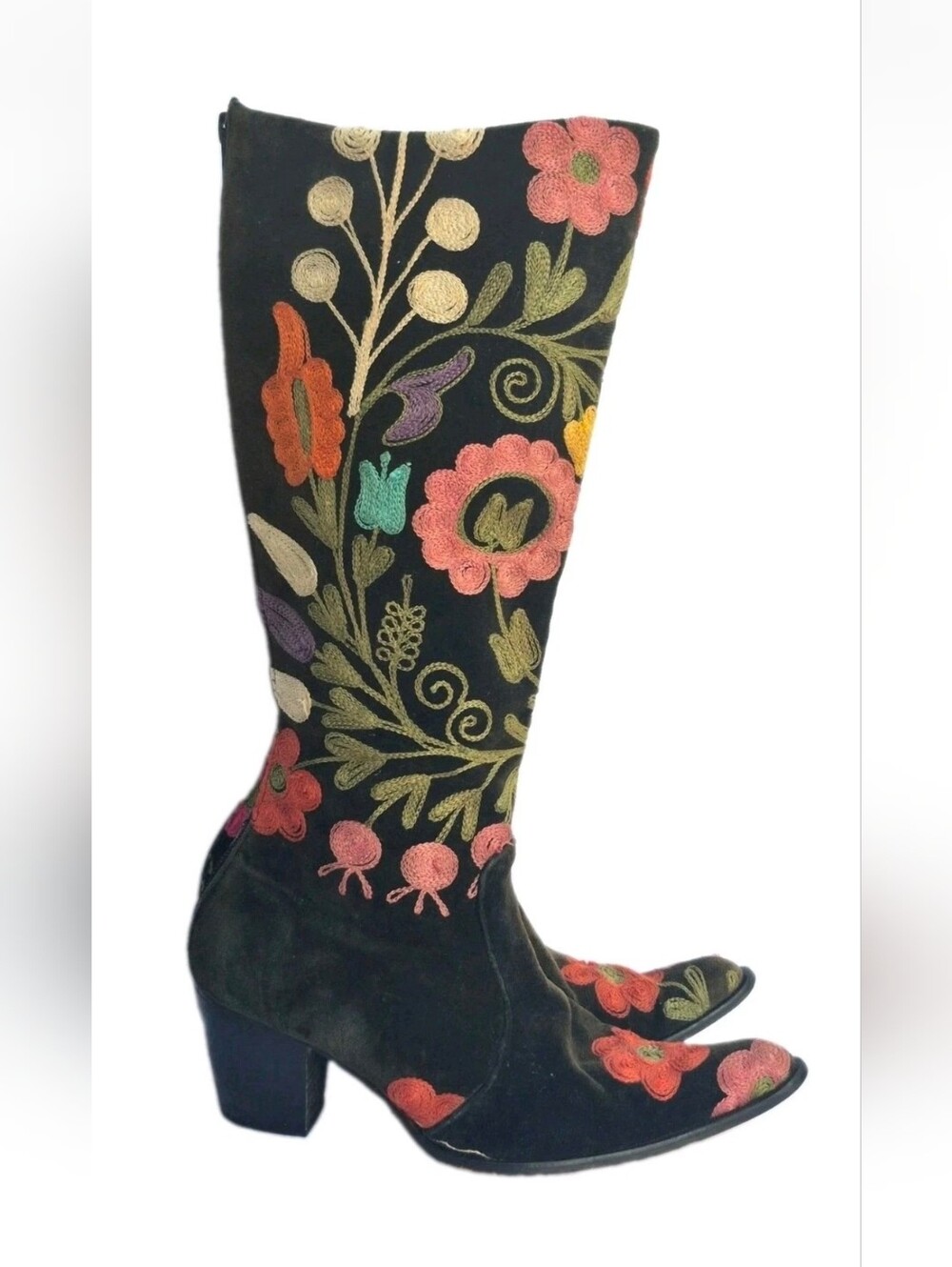CORDUROY  Embroidered BOHO Floral Knee High Boots  Back Zip  Size EU 36 / US 6